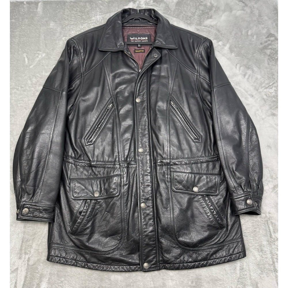 Vintage Wilsons Leather Jacket Mens 2XLT Black Insulated Car Coat Cargo 90s Y2K